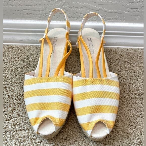 🆕 CHICO'S | Jessa Yellow Striped Espadrille Wedge Sandals | Womens 11 - Picture 1 of 4